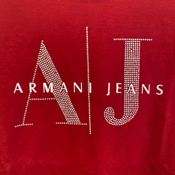 ARMANI JEANS Wine Color T-shirt Rhinestones Letters size L - Picture 4 of 10